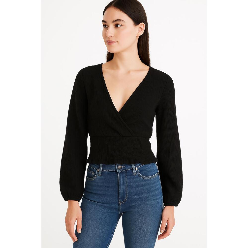 Madewell Black Long Sleeve Cropped Ribbed VNeck Wrap Top Womens‎ Extra Small